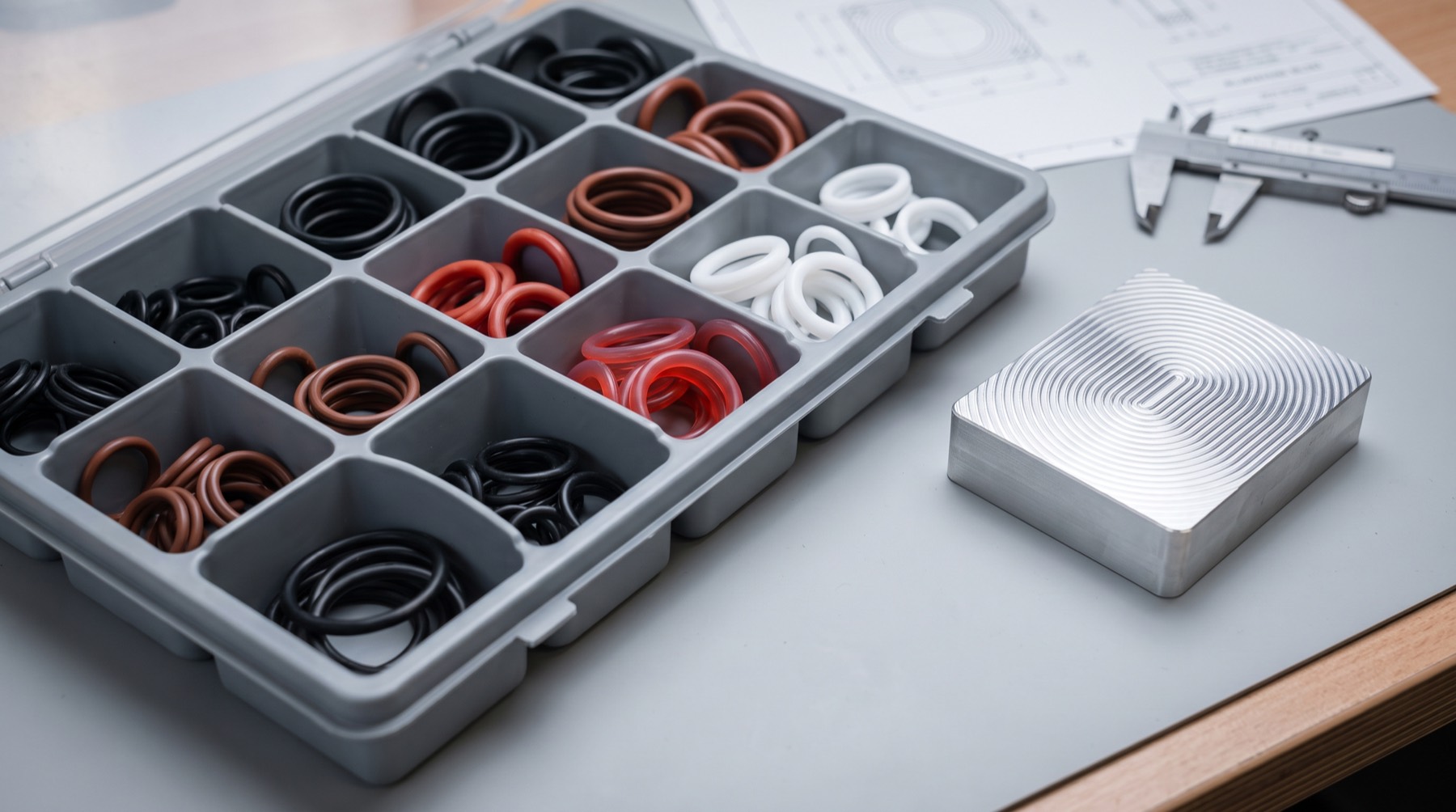O-Ringe aus verschiedenen Elastomeren in Schwarz, Braun, transparentem Rot und Weiß, sortiert in einer grauen Schale mit Fächern neben einem gefrästen Aluminiumteil mit Nut